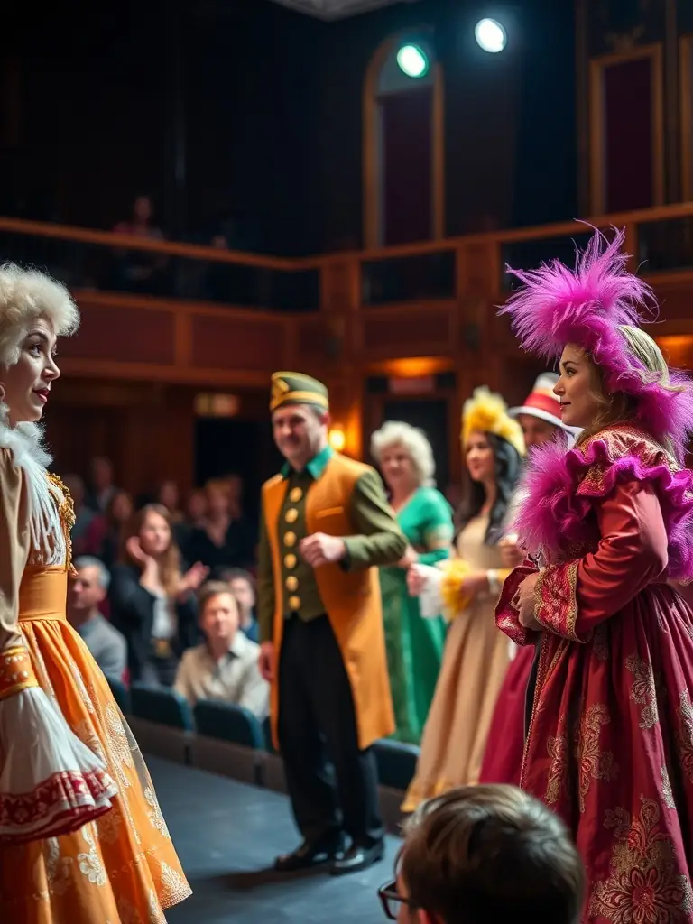 A photograph capturing a vibrant theater performance organized by LE BEC, showcasing actors in colorful costumes on stage, with an engaged audience in the background.
