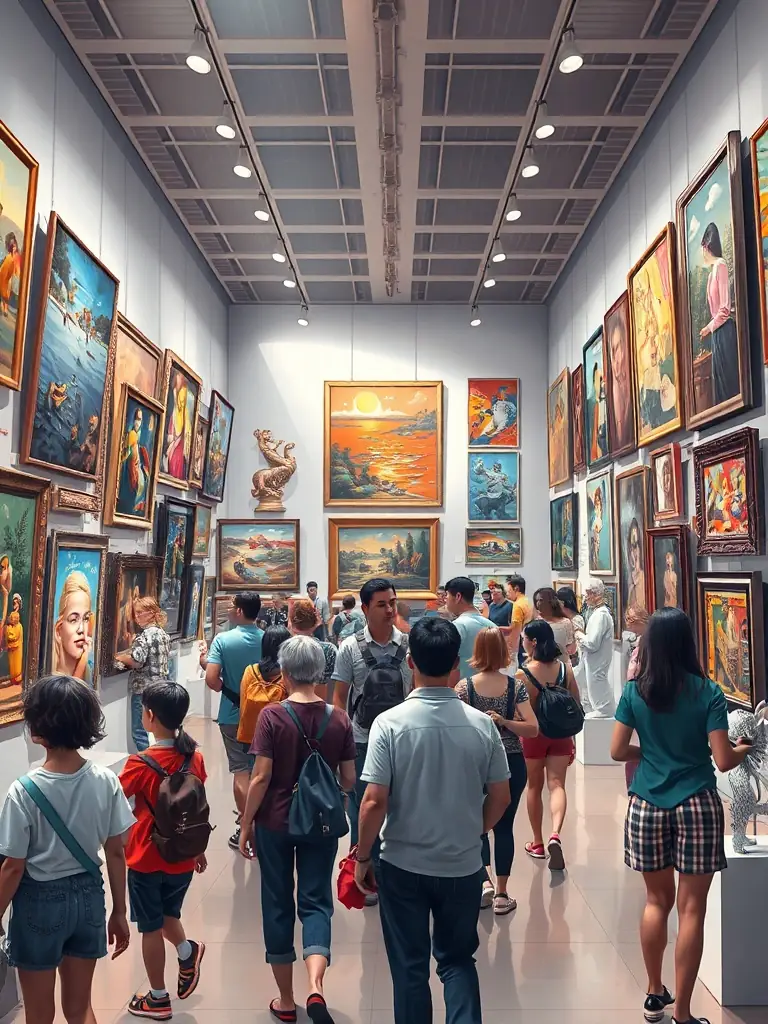 A colorful photograph of an art exhibition hosted by LE BEC, featuring diverse artworks and attendees appreciating the displays.
