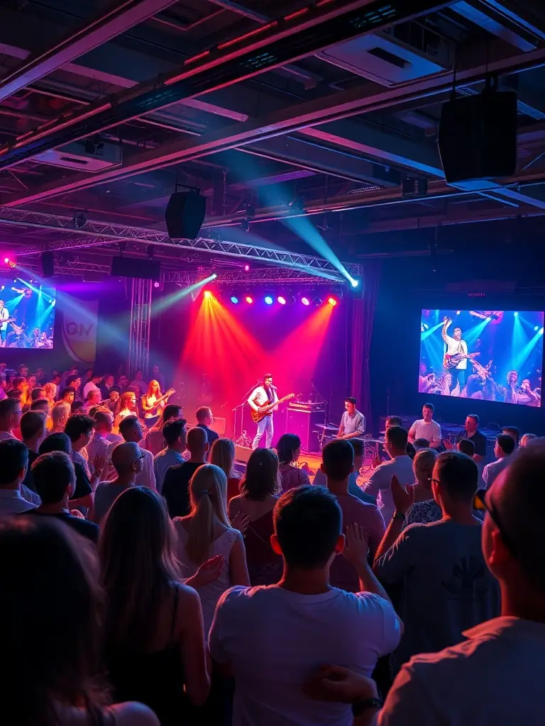 A lively image of a LE BEC music concert, with musicians performing on stage and an enthusiastic crowd enjoying the music.