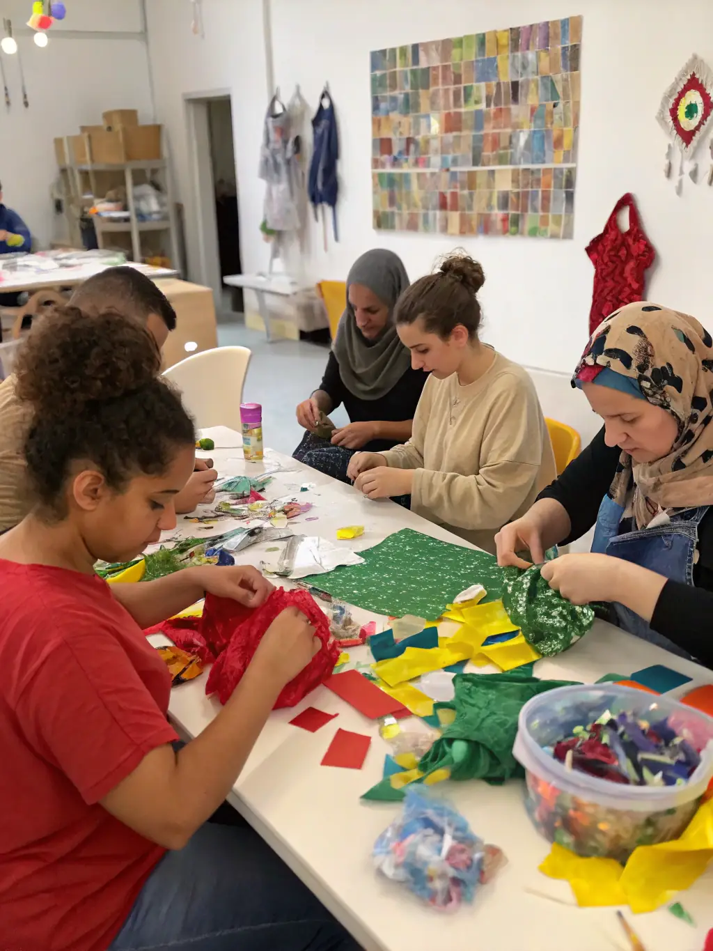 A group of people participating in a LE BEC community workshop, engaging in hands-on activities and creative collaboration.