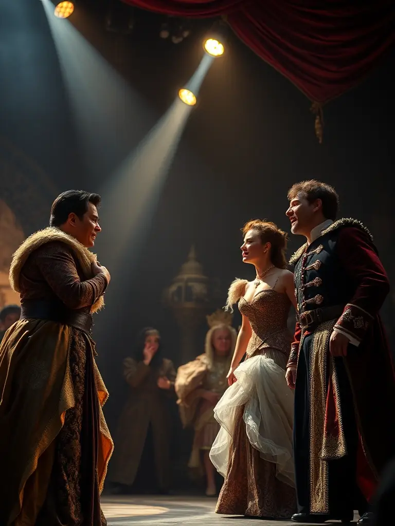 A vibrant image of a LE BEC theater performance, showcasing actors on stage with dynamic lighting and engaged audience members.