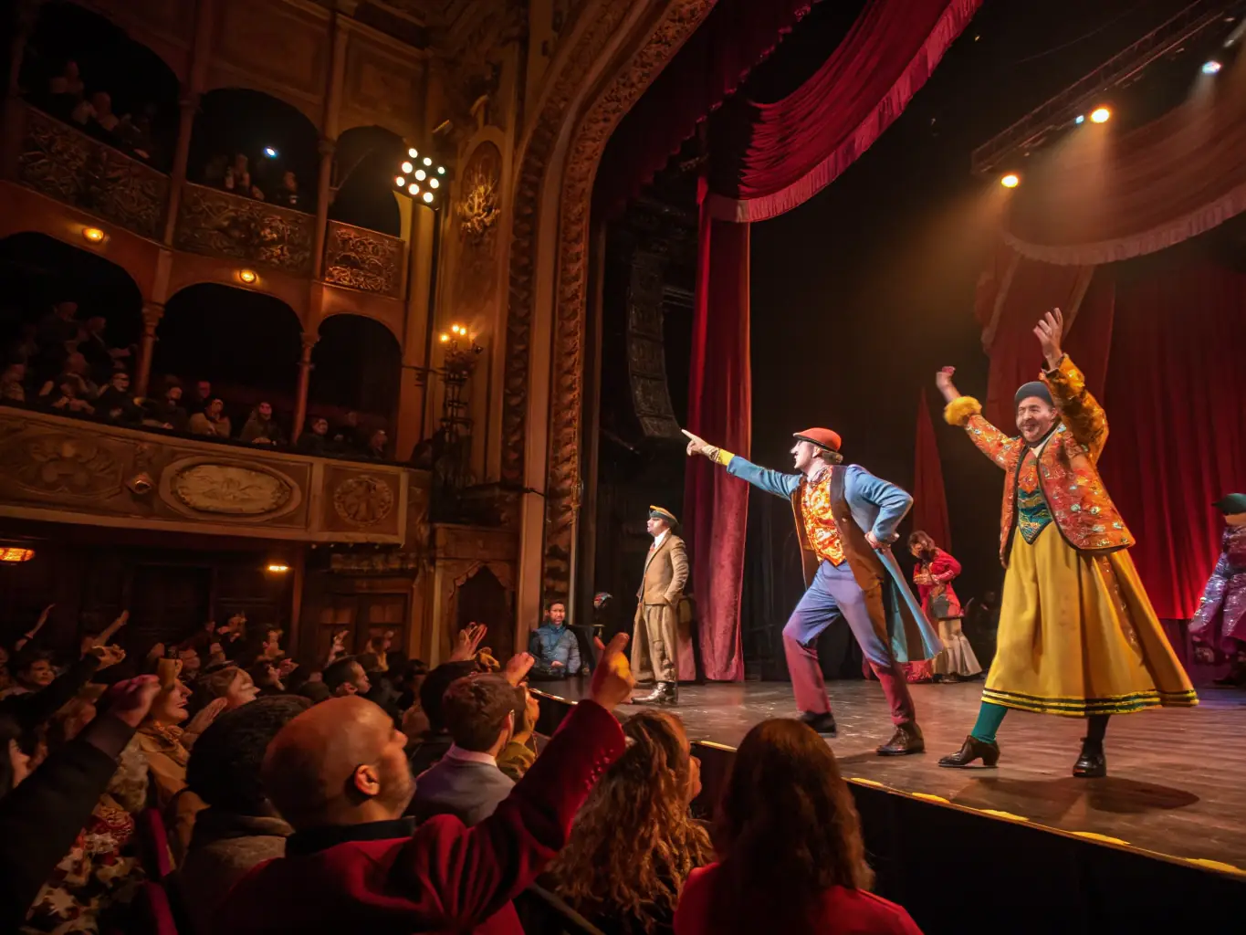 A photograph of a community theater performance supported by LE BEC, showing actors on stage and an engaged audience.