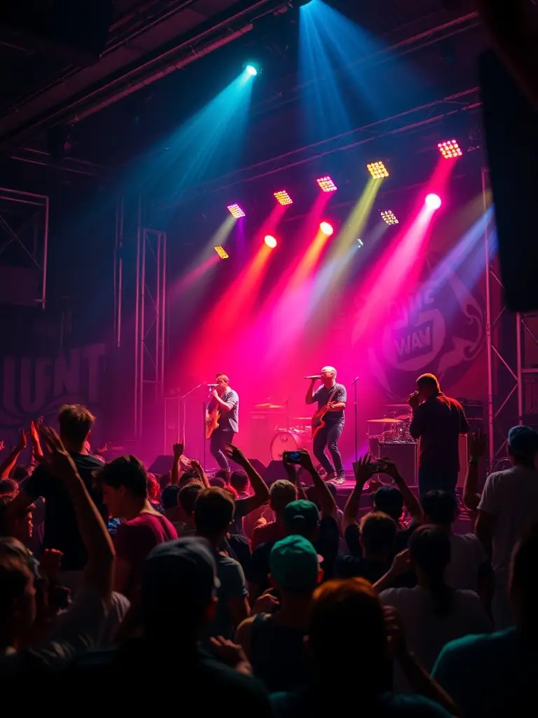 A photograph of a live music concert organized by LE BEC, featuring musicians performing on stage, with an enthusiastic crowd enjoying the music and atmosphere.