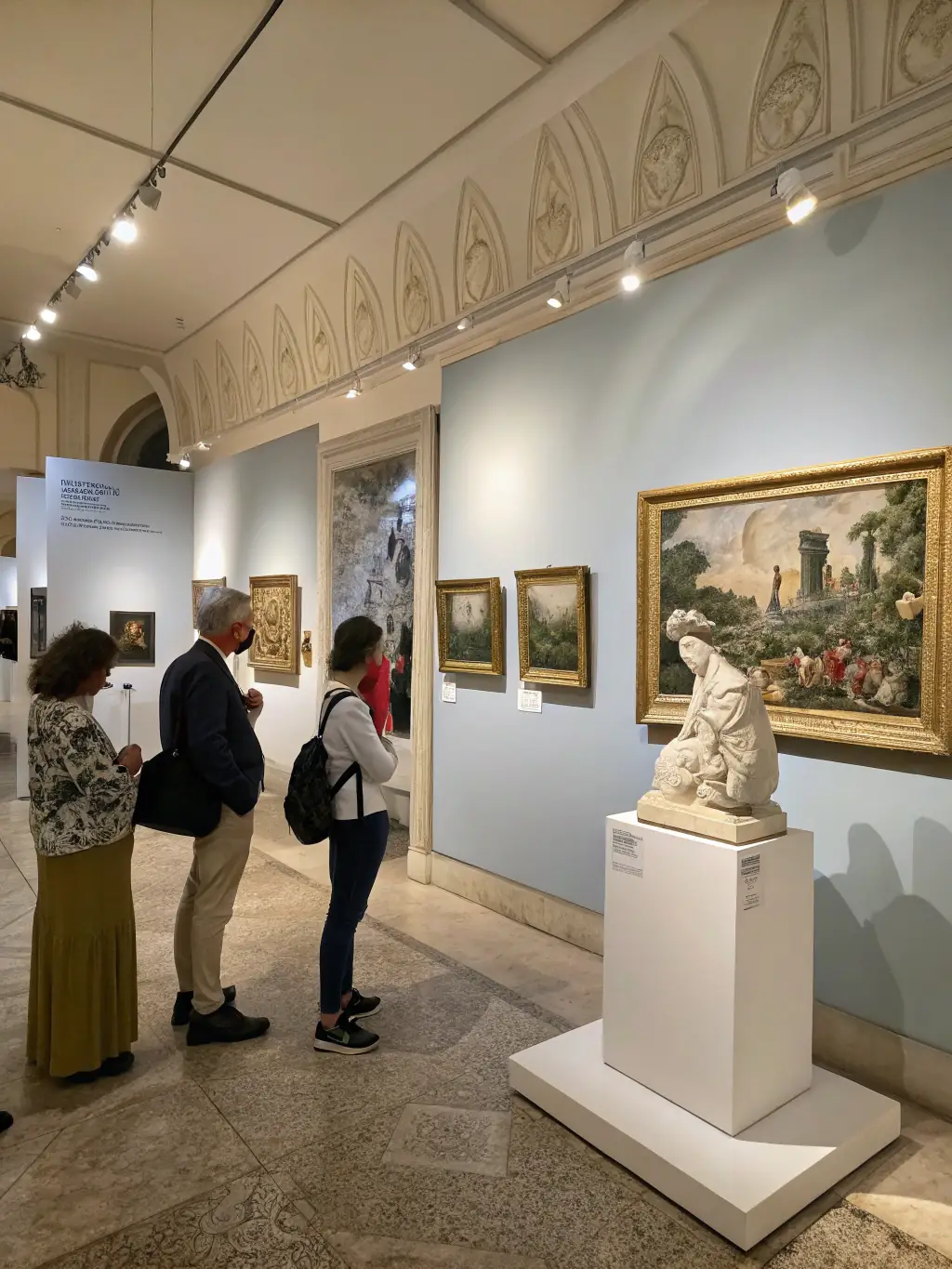 A photograph of an art exhibition supported by LE BEC, featuring a diverse collection of paintings, sculptures, and installations, with visitors admiring the artwork.